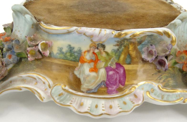 Hand painted floral encrusted stand decorated with ladies, marks to base including impressed - Image 2 of 11