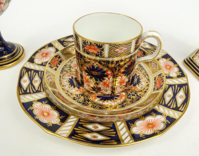 Royal Crown Derby porcelain Imari patterned urn shaped vase  a coffee can , saucer and a plate, - Image 3 of 9