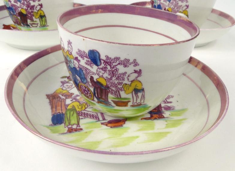 Victorian Sunderland lustre part teaset decorated with oriental Chinese designs, the teapot 17cm - Image 3 of 7