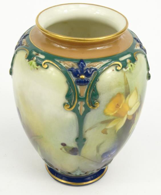 Royal Worcester porcelain vase hand painted with panels of daffodils, initialled 'JH' and numbered - Image 7 of 11