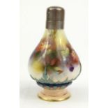 Royal Worcester porcelain scent bottle with silver top hand painted with blackberries, various marks