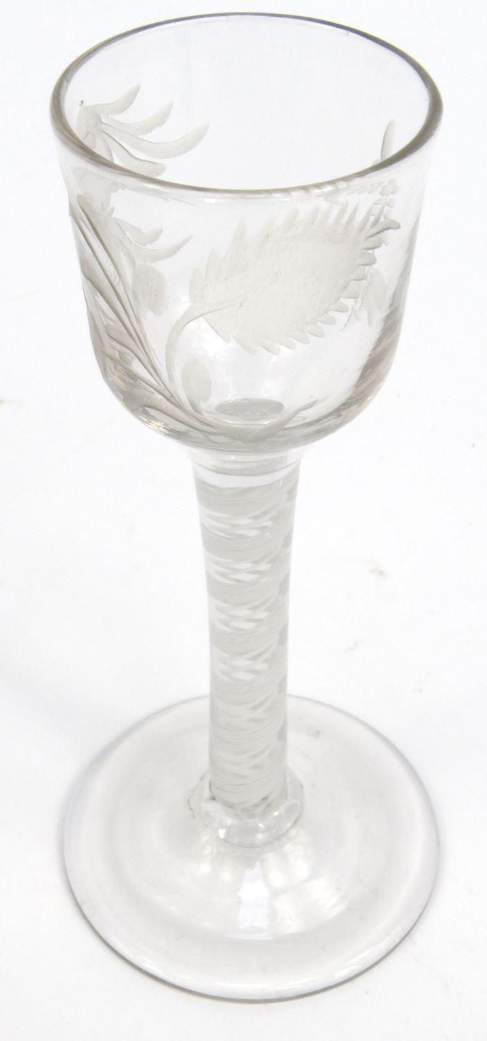 Antique wine glass with spiral twist stem, engraved with flowers, 15cm high : For Condition - Image 2 of 8