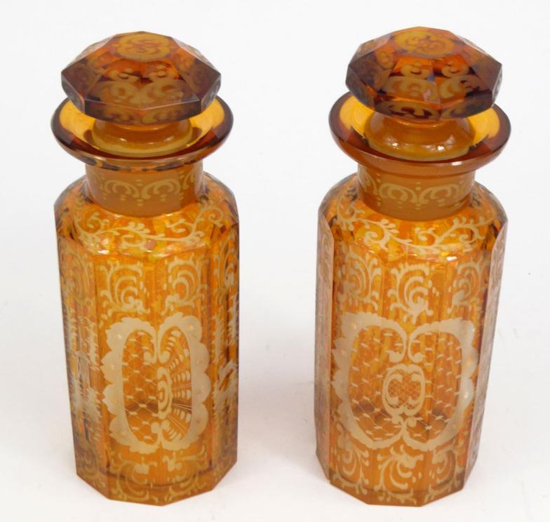 Pair of Victorian amber flashed glass jars decorated with animals and flowers, 22cm high : For - Image 2 of 10