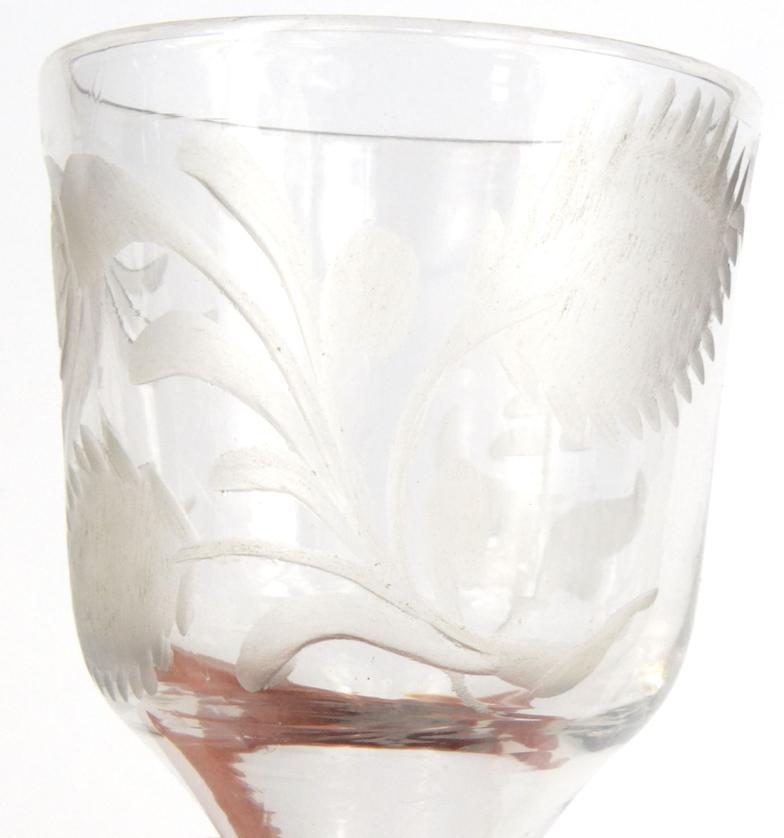 Antique wine glass with spiral twist stem, engraved with flowers, 15cm high : For Condition - Image 6 of 8