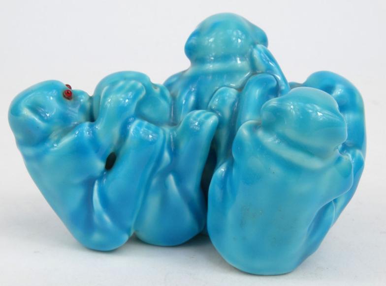 Good quality porcelain model of a group of monkeys in a turquoise glaze with red beaded glass - Image 4 of 9