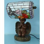 Bronze style cherub table lamp with Tiffany design shade : For Condition Reports Please visit www.