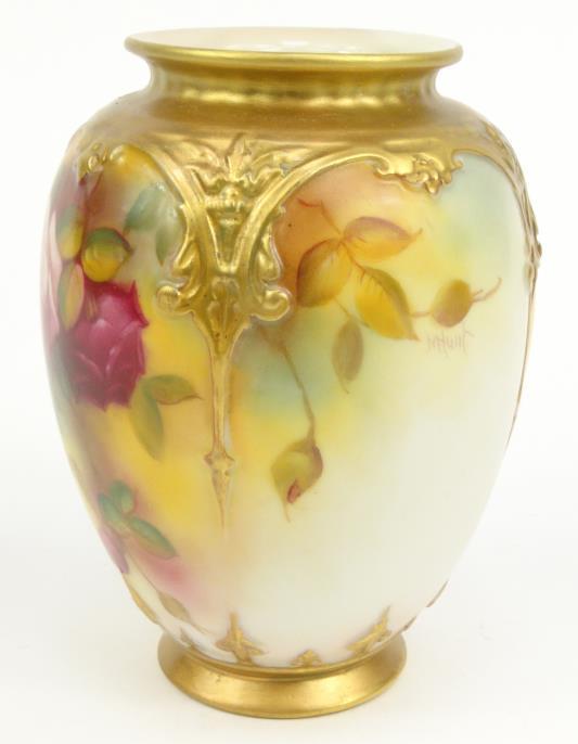 N. Hunt Royal Worcester porcelain vase hand painted with flowers, 14cm high : For Condition - Image 8 of 8