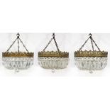 Three brass bag chandeliers with crystal glass drops, 30cm diameter : For Condition reports please