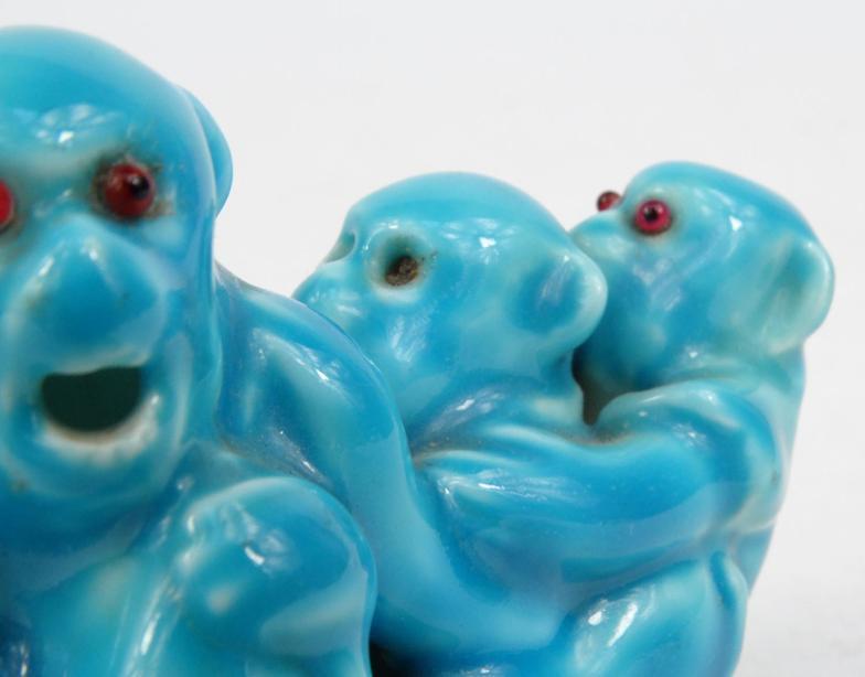 Good quality porcelain model of a group of monkeys in a turquoise glaze with red beaded glass - Image 6 of 9