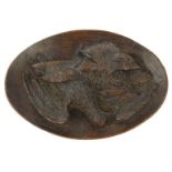 Black Forest carved wooden plaque of a hunting dog with its prey, 28cm wide : For Condition