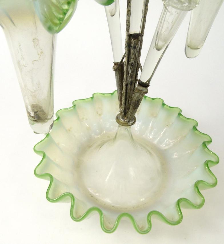 Victorian green and white Vaseline glass three branch epergne, 49cm high : For Condition reports - Image 6 of 7