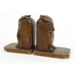 Pair of carved wooden owl book ends with beaded glass eyes, 12cm high : For Condition reports please