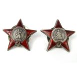 Two military interest red enamel Russian badges decorated with soldiers, 5cm long : For Condition