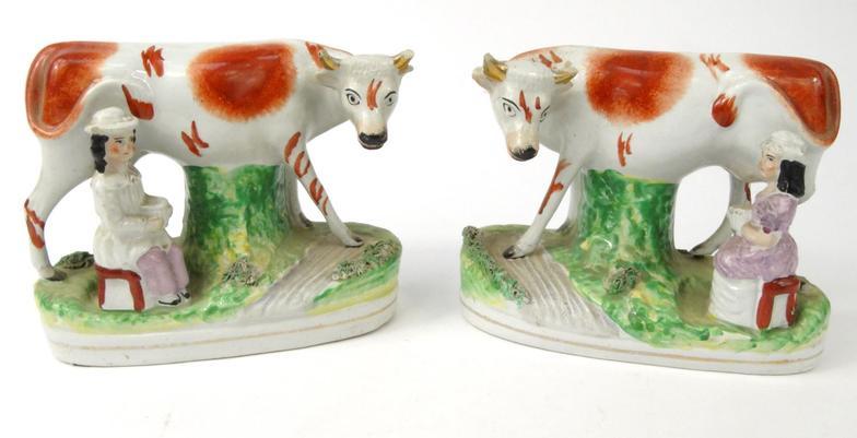 Pair of Victorian Staffordshire milkmaid groups, each 19cm wide : For Condition reports please visit