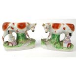 Pair of Victorian Staffordshire milkmaid groups, each 19cm wide : For Condition reports please visit