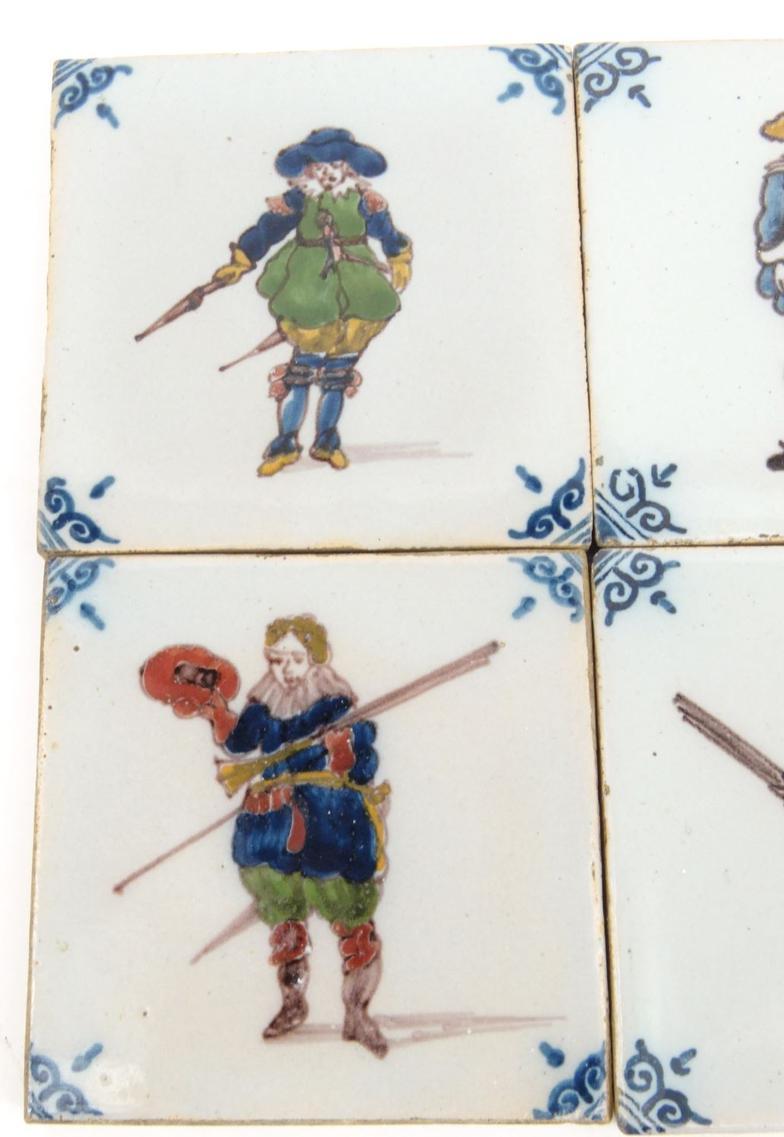 Six Dutch Delft tiles hand painted with gentlemen in colourful costumes, each 10cm square : For - Image 4 of 5