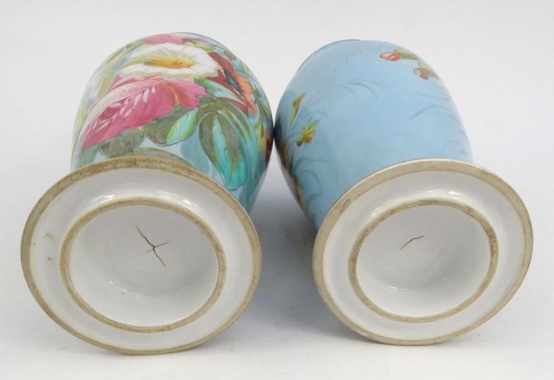 Pair of Victorian continental porcelain vases hand painted with flowers, 34cm high : For Condition - Image 8 of 10