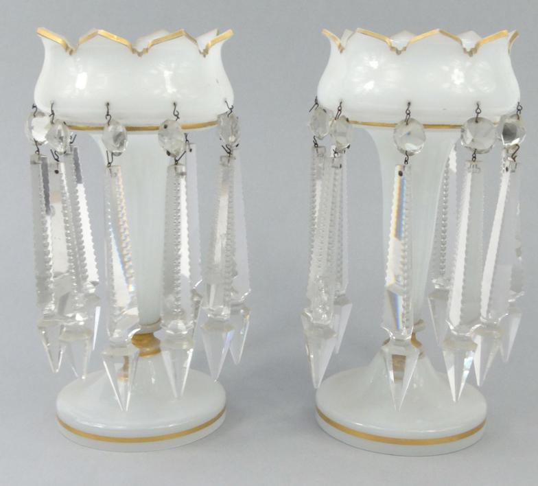 Pair of Victorian opaline glass lustres with clear glass drops, 28cm high : For Condition reports