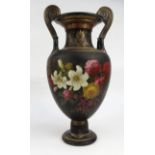 Large mid Victorian Exhibition pottery vase hand painted with flowers, with associated paperwork and