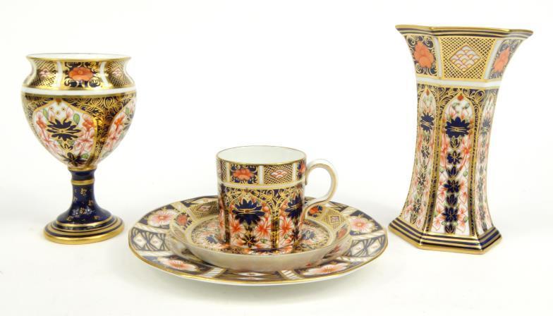 Royal Crown Derby porcelain Imari patterned urn shaped vase  a coffee can , saucer and a plate,