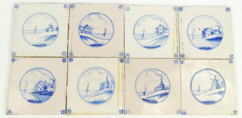 Eight blue and white Dutch Delft tiles hand painted with various scenes, 13cm square : For Condition