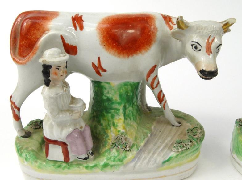 Pair of Victorian Staffordshire milkmaid groups, each 19cm wide : For Condition reports please visit - Image 3 of 10