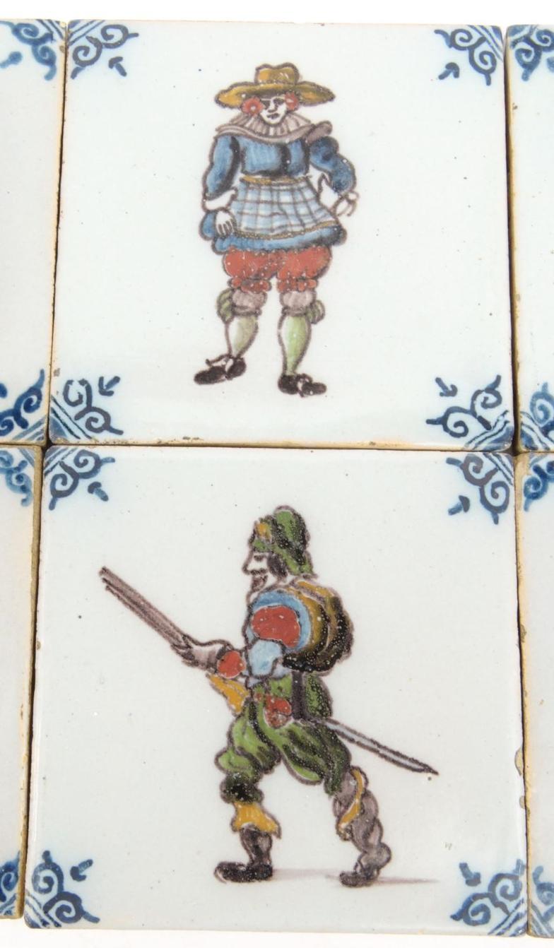 Six Dutch Delft tiles hand painted with gentlemen in colourful costumes, each 10cm square : For - Image 3 of 5