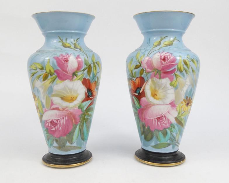 Pair of Victorian continental porcelain vases hand painted with flowers, 34cm high : For Condition