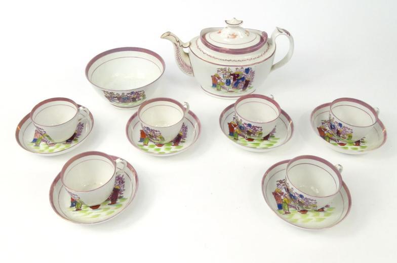 Victorian Sunderland lustre part teaset decorated with oriental Chinese designs, the teapot 17cm - Image 2 of 7