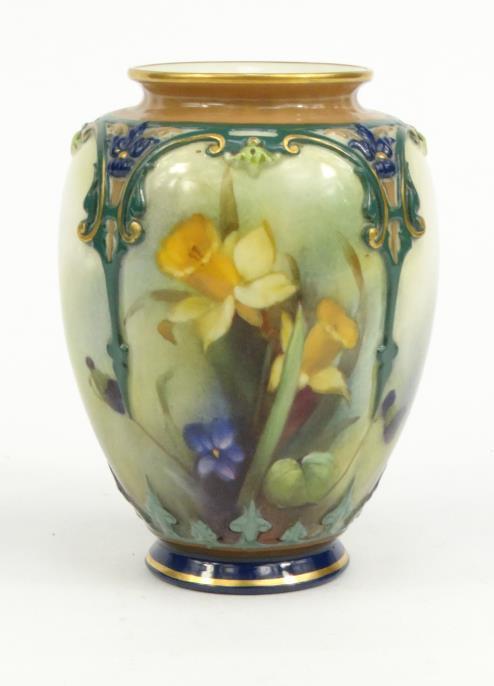Royal Worcester porcelain vase hand painted with panels of daffodils, initialled 'JH' and numbered