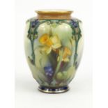 Royal Worcester porcelain vase hand painted with panels of daffodils, initialled 'JH' and numbered