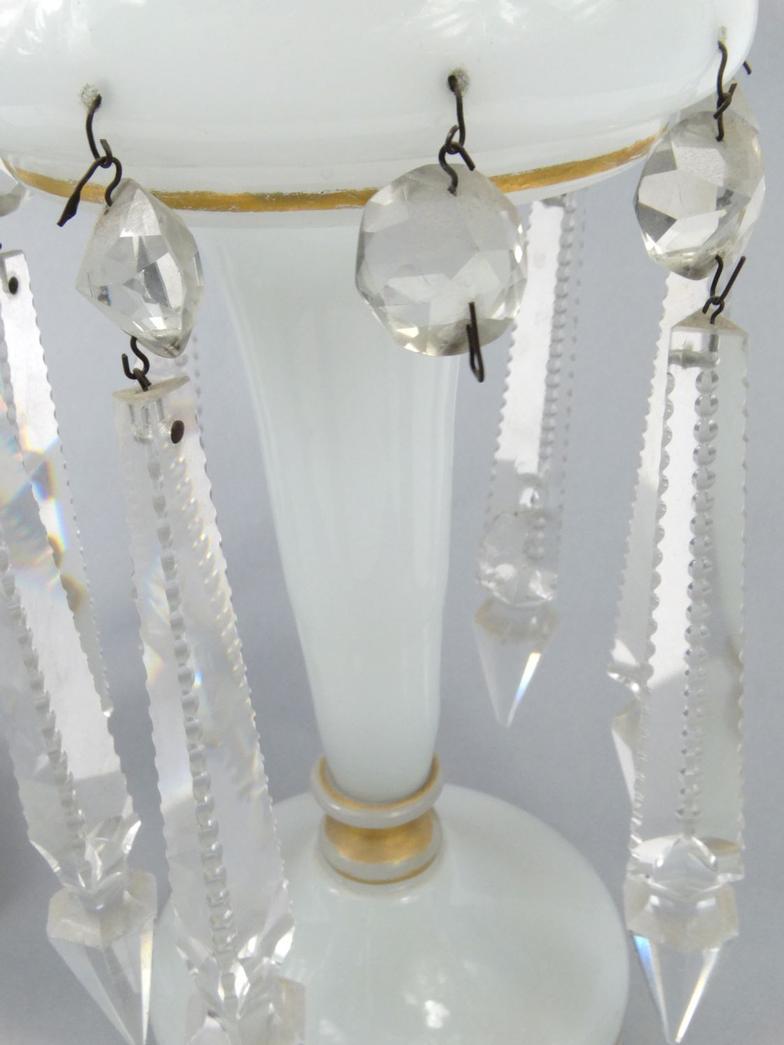 Pair of Victorian opaline glass lustres with clear glass drops, 28cm high : For Condition reports - Image 5 of 5