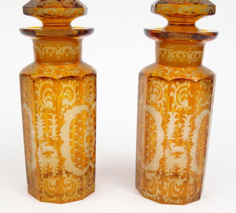 Pair of Victorian amber flashed glass jars decorated with animals and flowers, 22cm high : For - Image 3 of 10