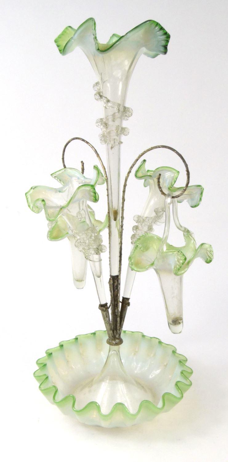 Victorian green and white Vaseline glass three branch epergne, 49cm high : For Condition reports