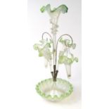 Victorian green and white Vaseline glass three branch epergne, 49cm high : For Condition reports