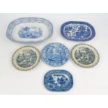 Victorian blue and white ceramics including landscape meat plate, willow patterned meat plate, early