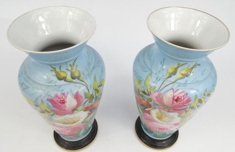 Pair of Victorian continental porcelain vases hand painted with flowers, 34cm high : For Condition - Image 4 of 10