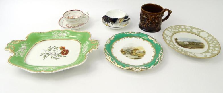 Assorted Victorian china, including Worcester plate, Davenport plate, lustre cups and saucers,