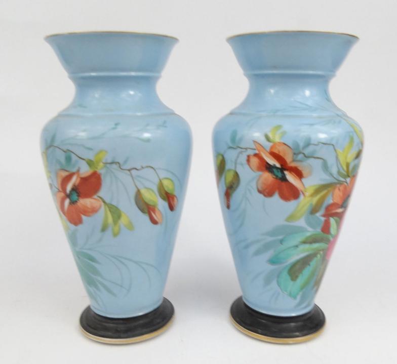 Pair of Victorian continental porcelain vases hand painted with flowers, 34cm high : For Condition - Image 5 of 10