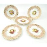 Victorian Ridgeway porcelain comport and four matching plates, hand painted with fruit, purple