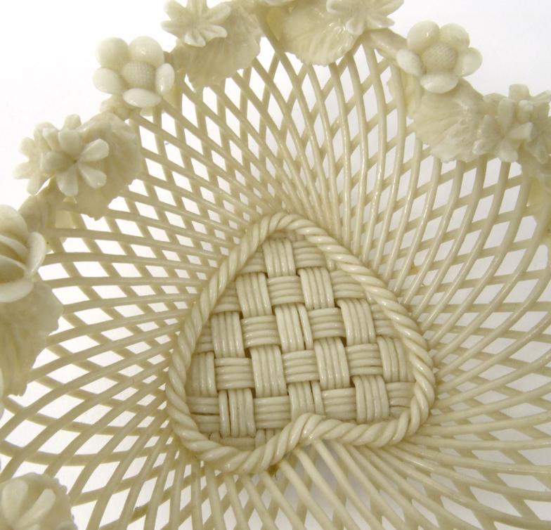 Belleek pierced floral heart shaped china basket, impressed Belleek mark to base, 12cm long : For - Image 7 of 8