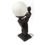 Bronzed figural table lamp with glass shade, 41cm high : For Condition Reports Please visit www.