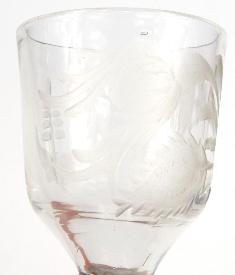 Antique wine glass with spiral twist stem, engraved with flowers, 15cm high : For Condition - Image 5 of 8