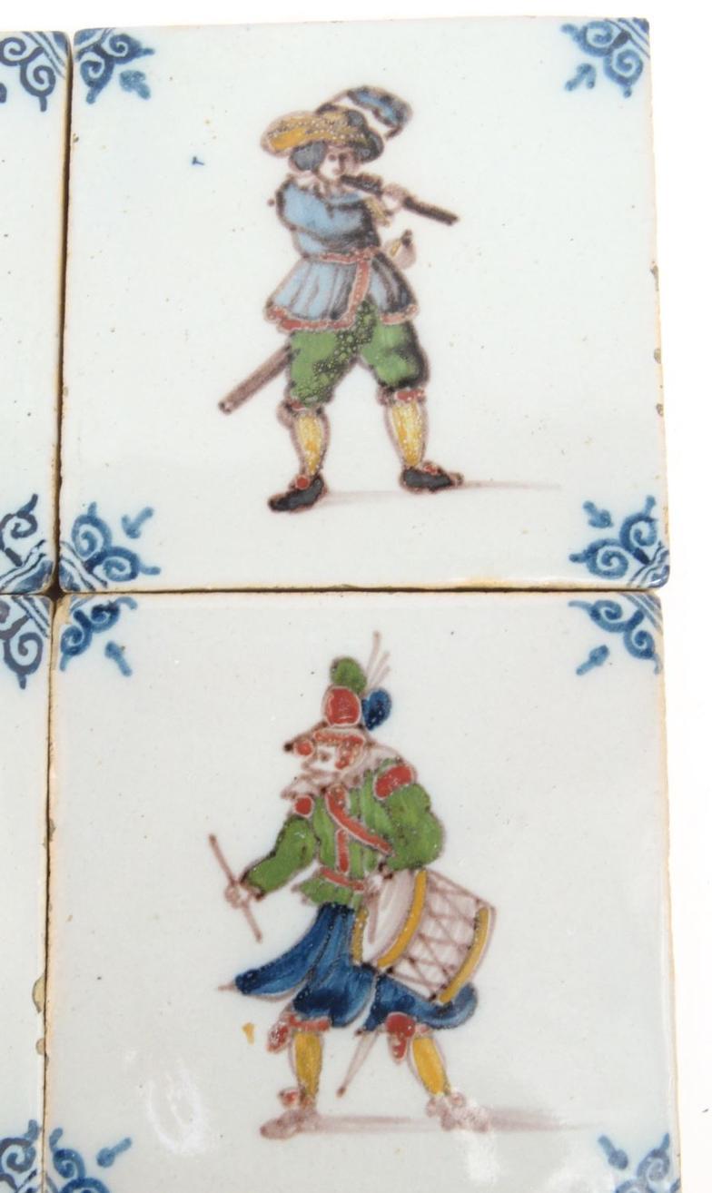 Six Dutch Delft tiles hand painted with gentlemen in colourful costumes, each 10cm square : For - Image 2 of 5