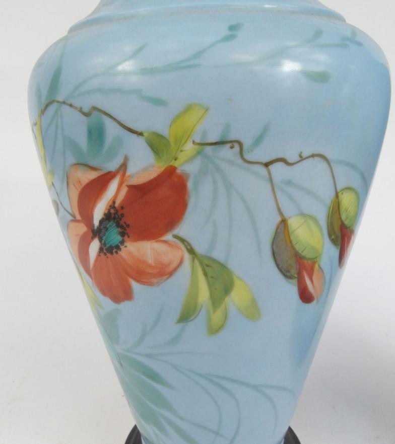 Pair of Victorian continental porcelain vases hand painted with flowers, 34cm high : For Condition - Image 6 of 10