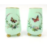 Pair of green opaline glass vases hand enamelled with butterflies and flowers, 16cm high : For