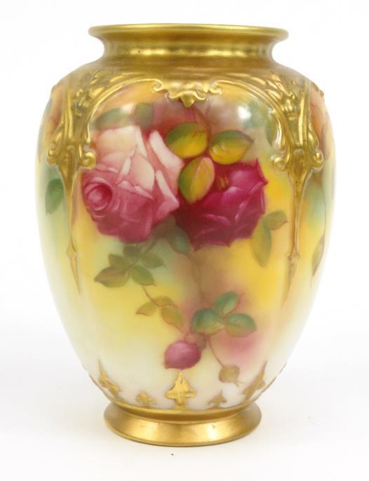 N. Hunt Royal Worcester porcelain vase hand painted with flowers, 14cm high : For Condition