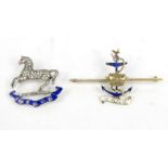 Military interest 15ct gold WRNS naval brooch and a silver marcasite horse brooch, the gold