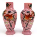 Pair of pink opaline glass vases hand painted with birds, 28cm high : For Condition reports please