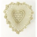 Belleek pierced floral heart shaped china basket, impressed Belleek mark to base, 12cm long : For